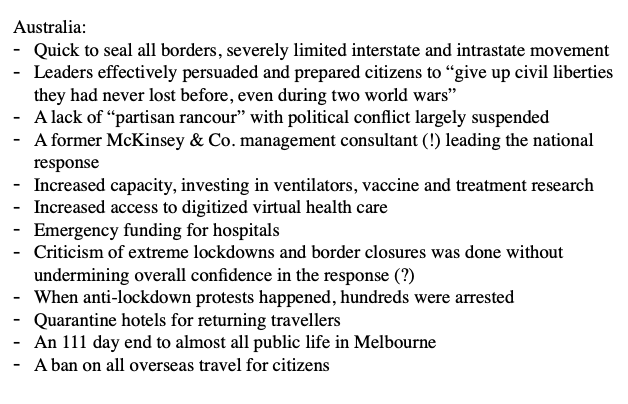 2/xSupposed successful strategiesTaiwan  https://www.wired.co.uk/article/taiwan-coronavirus-covid-response Australia  https://www.washingtonpost.com/world/asia_pacific/australia-coronavirus-cases-melbourne-lockdown/2020/11/05/96c198b2-1cb7-11eb-ad53-4c1fda49907d_story.htmlNew Zealand  https://www.bbc.com/news/world-asia-53274085