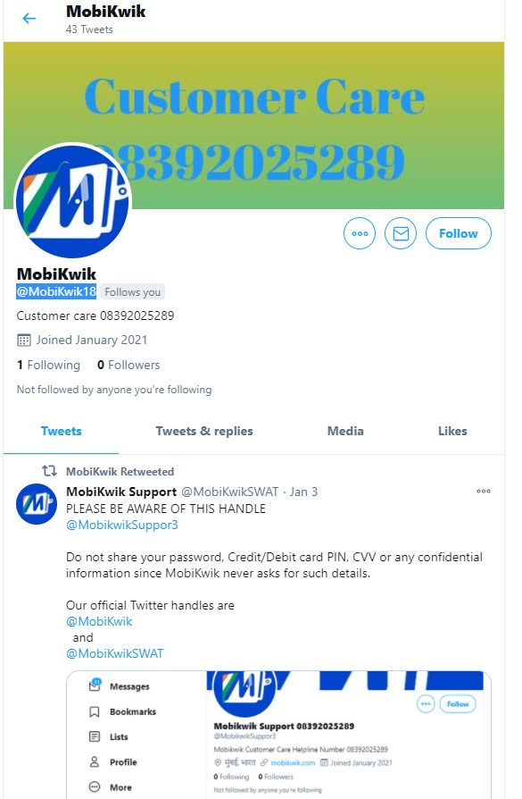 MobiKwikSWAT's tweet photo. PLEASE BE AWARE OF THIS HANDLE 
@MobiKwik18

Do not share your password, Credit/Debit card PIN, CVV or any confidential information since MobiKwik never asks for such details.

Our official Twitter handles are 
@MobiKwik
 
  and
@MobiKwikSWAT https://t.co/ai5eVxsNVD