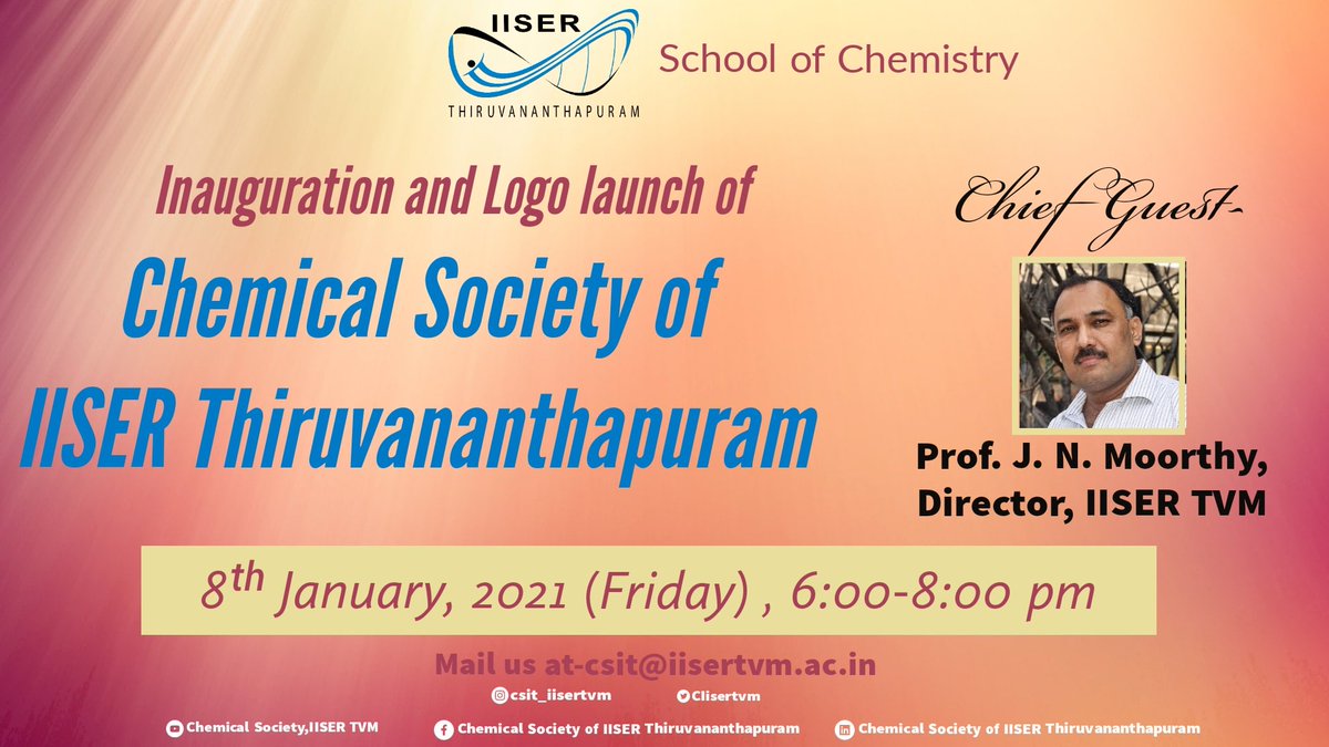 IISER Thiruvananthapuram (@tvmiiser) on Twitter photo The School of Chemistry, IISER TVM is launching The Chemical Society of IISER TVM (CSIT) today. The Program includes the inauguration of this Society and Logo launch by our Director, Prof. J. N. Moorthy, who will also deliver the first lecture of the Talk-series. <a href="/EduMinOfIndia/">Ministry of Education</a> The School of Chemistry, IISER TVM is launching The Chemical Society of IISER TVM (CSIT) today. The Program includes the inauguration of this Society and Logo launch by our Director, Prof. J. N. Moorthy, who will also deliver the first lecture of the Talk-series. <a href="/EduMinOfIndia/">Ministry of Education</a>