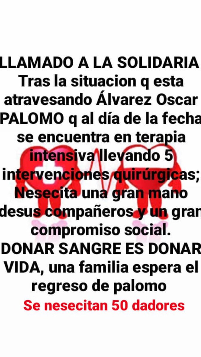itu_ci's tweet photo. Necesitamos dadores de sangre cualquier grupo y factor, para el Compañero Oscar Alvarez de la base Recoleta. @SATSAIDnacional https://t.co/yc1rfy62K5