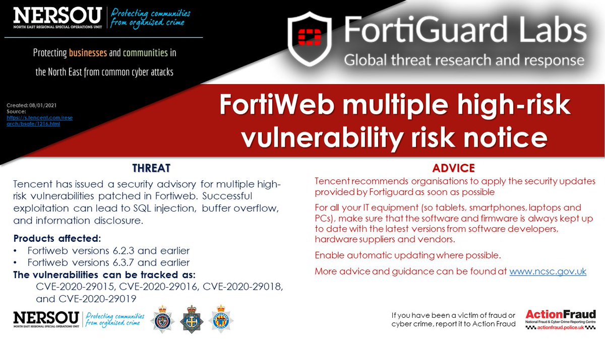 tsecrime's tweet photo. RT @nerccu: #Tencent warns high-risk #vulnerabilities patched in Fortiweb. Successful #exploitation leads to #SQL injection, #buffer overflow, and information #disclosure.
#cyberprotect #cybersecurity #nerccu #fortiweb #fortiguardlabs #tech #infosec https://t.co/K6mLns9ghO