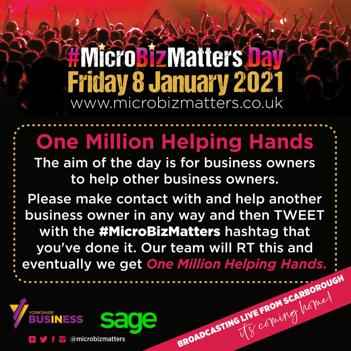 YIBScarborough's tweet image. One Million Helping Hands

The aim of the Day is business owners to help other business owners. Please make contact and help in any way and then TWEET with the #MicroBizMatters hashtag that you've done it. Our team will RT this and eventually we get #OneMillionHelpingHands