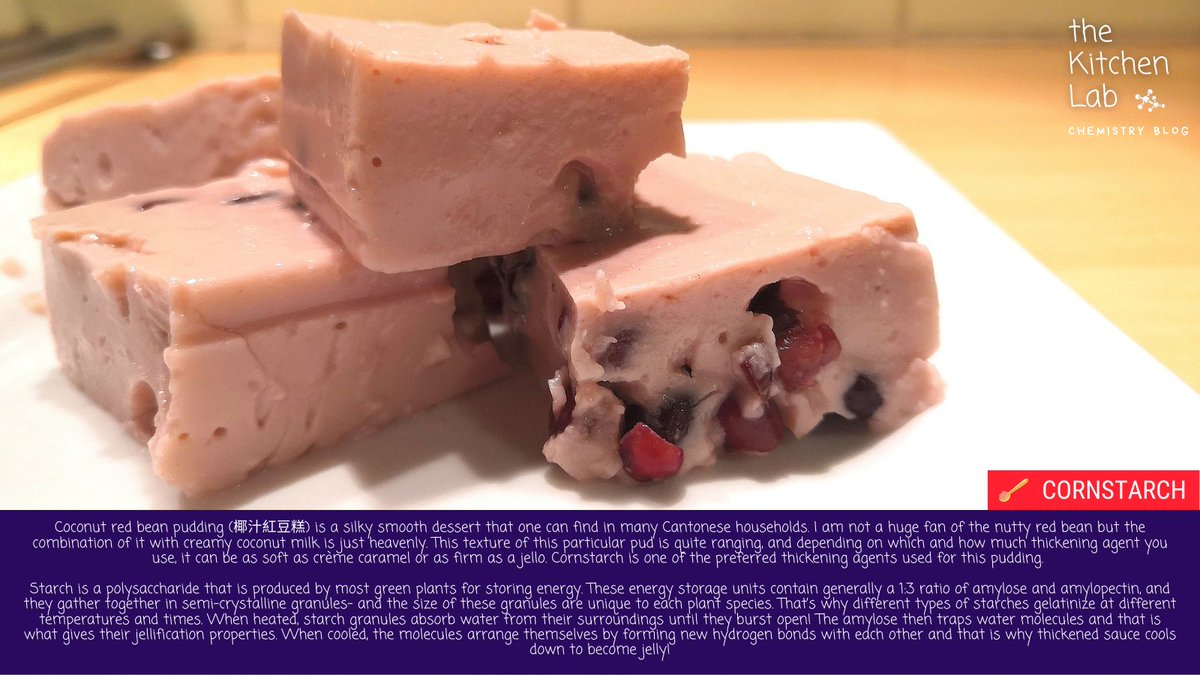 theKitchenLab_'s tweet photo. Red bean coconut pudding. Silky, fragrant, and wobbly. We all love a jiggle, and this #recipe calls for #cornstarch as its #thickeneingagent!
#thekitchenlab #foodscience #food #chemistry #foodchemistry #scicomm #funfacts #椰汁紅豆糕 #starch #gelatinization #jelly #asiandessert https://t.co/g8DjDBUvE2