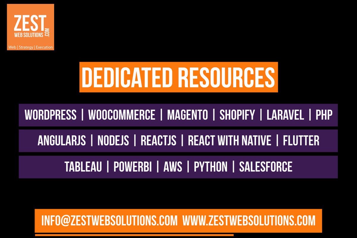 Zestwebs's tweet photo. Let us assist you with Dedicated model/Project-based expert resources on a white-labeled model.
#wordpress #woocommerce #magento #shopify #laravel #php #angularjs #nodejs #ractjs #reactiwthnative #reactnative #flutter #tableau #powerbi #aws #python #salesforce #android #ios https://t.co/tYkNctG4Ry