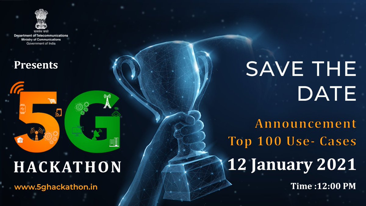 Hackathon5g's tweet photo. Announcement of the top 100 use cases from the #5GHackathon to be made on 12th January at 12PM. Stay tuned. https://t.co/69sZaHFqfr