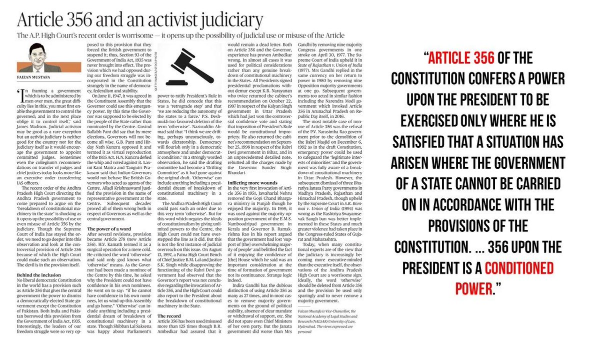 ......which will ensure proper utilization of provisions of Art-356.Ideally, the word ‘otherwise’ should be deleted from Art-356 & the provision be used only sparingly & to never remove a majority government.(16/16)