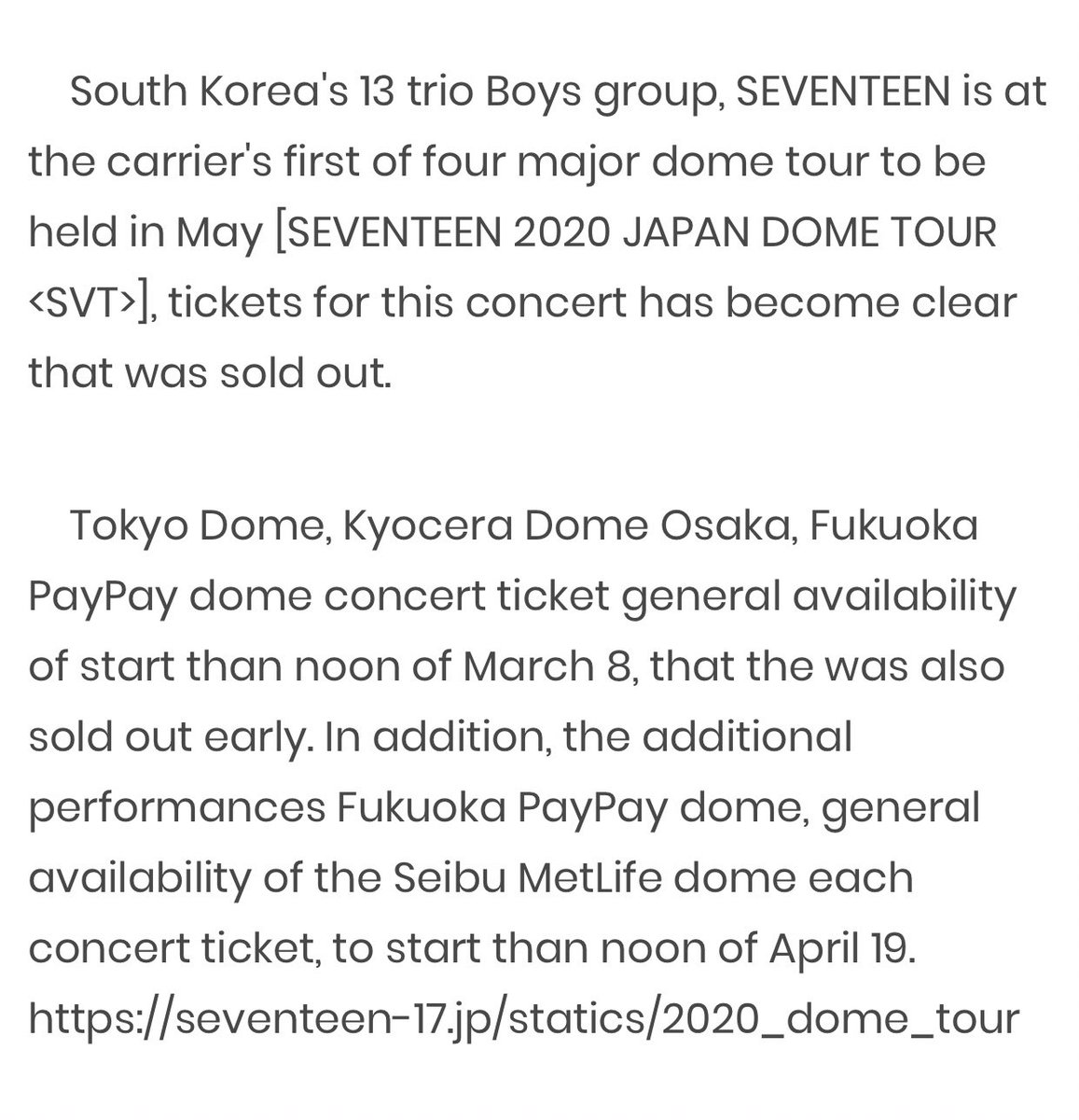 konser svt dijepang tuh berawal dari berhasil jual 50.000 tiket, lalu 200,000 tiket sampe 2020 kemaren mau ngadain dome tour dari Tokyo dome, Fukuoka Yahuoku! Dome sampe Kyocera Dome Osaka tpi batal terlaksana karna cororo. tiketnya sold out ga? iya sold out.