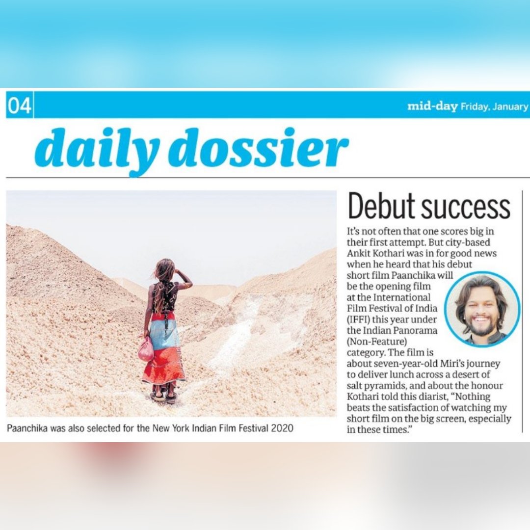MindworkzPR's tweet photo. "Debut success" need we say more ?
#paanchika #fivepebbles #ankitkothari #debut #success #iffy #nyiff2020 #midday #pr #mindworkz #gujratishortfilm #gujraticinema #gujratifilmindustry #childrenfilm #indianshortfilm #goa #cinema #filmfestival #iffi51 #shortfilm https://t.co/cmVonlUXio