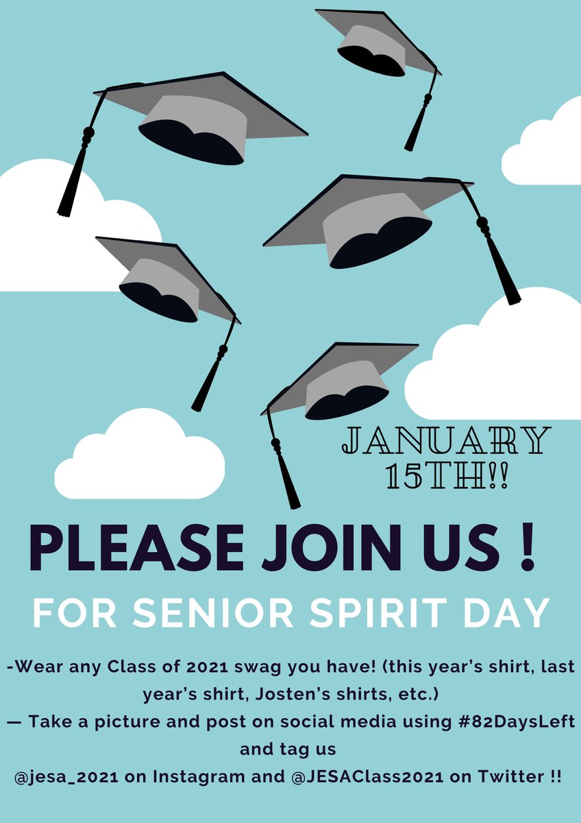 JESAClass2021's tweet photo. Join us for Senior Spirit Day on January 15th!! Make sure to tag us and repost!! #82DaysLeft #PhoenixRise #SingleyAcademyClassof2021 https://t.co/6ZZBHLzN93