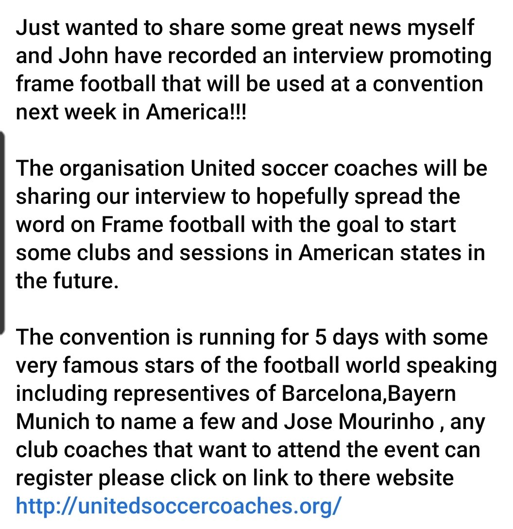 United soccer coaches will be spreading the word on Frame football to start clubs/sessions in America.
The 5 day  convention has stars of from Barcelona,Bayern Munich,Jose Mourinho etc , any club coaches want to attend register on website unitedsoccercoaches.org

#unitedcv21