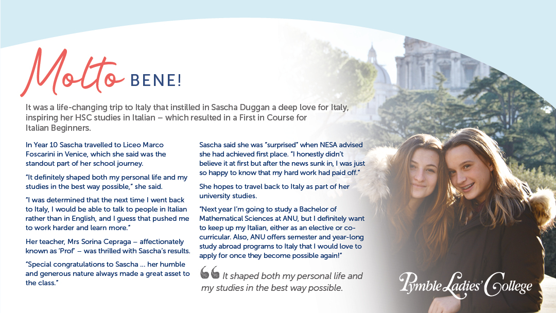 Congratulazioni to our 2020 graduate Sascha for topping the HSC Italian Beginners course! Sascha fell in love with learning Italian after her Year 10 exchange to Venice. Read more about our Year 12 HSC results: bit.ly/3pXzLLa #PymbleProud #watchuschangetheworld #pymblelc