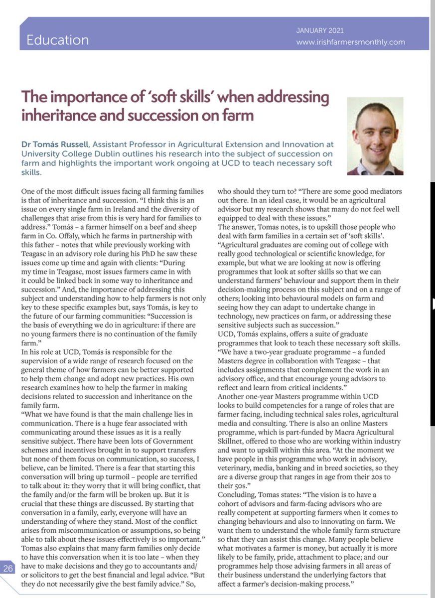 ucdagfood's tweet photo. "Inheritance and Succession - an important discussion for every farm" @tomas_russell talks about his research in this area and the range of programmes @ucdagfood that upskill graduates to look at the soft skills required to support farmers. #AgExtension #Advisory @FarmersMonthly https://t.co/x2JTR4JYYC