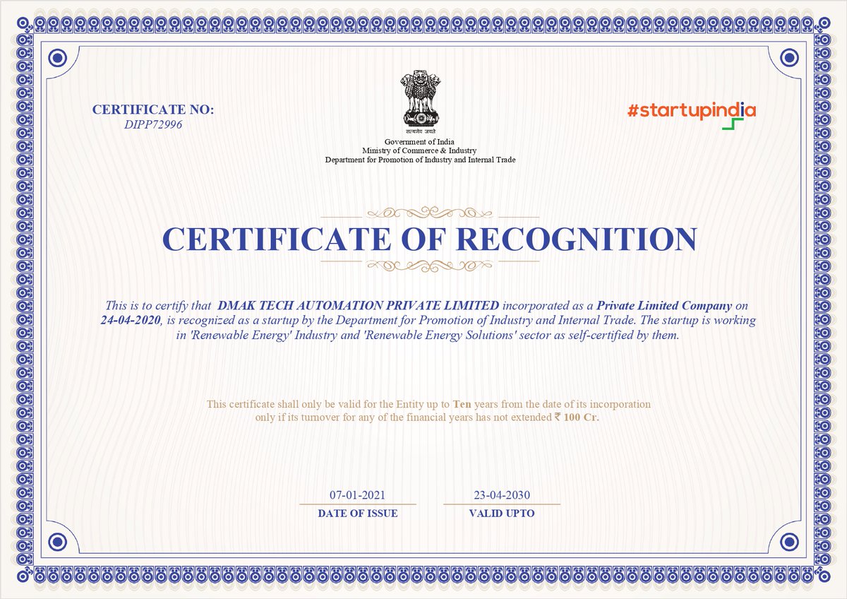 DmakLtd's tweet image. Team DMAK Tech Automation is celebrating Start-up India initiative recognition approval by Department of Industrial Policy and Promotion, Ministry of Commerce and Industry, Government of India.
dmaktech.com
#dmak_tech #startup #India #renewable #energy #iot #automation