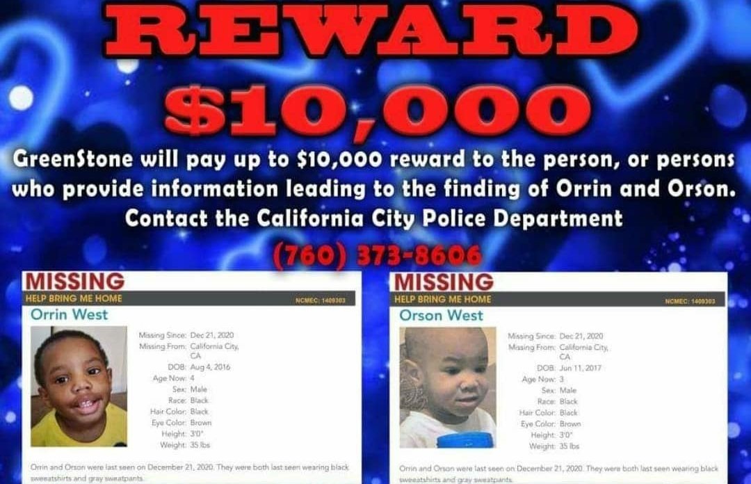 UTMinorityAware's tweet photo. 🚨PLEASE RETWEET! Help us find Orrin West, 4, and Orson West, 3, who went missing just before 6 p.m. on Dec. 21, 2020 from their adoptive parent's backyard 🔍 #MISSING #AMBERAlert #California #CaliforniaCityCA #missingpoc #speakup #BLM #missingchildren #blacklivesmatter https://t.co/wzCqelZtEH