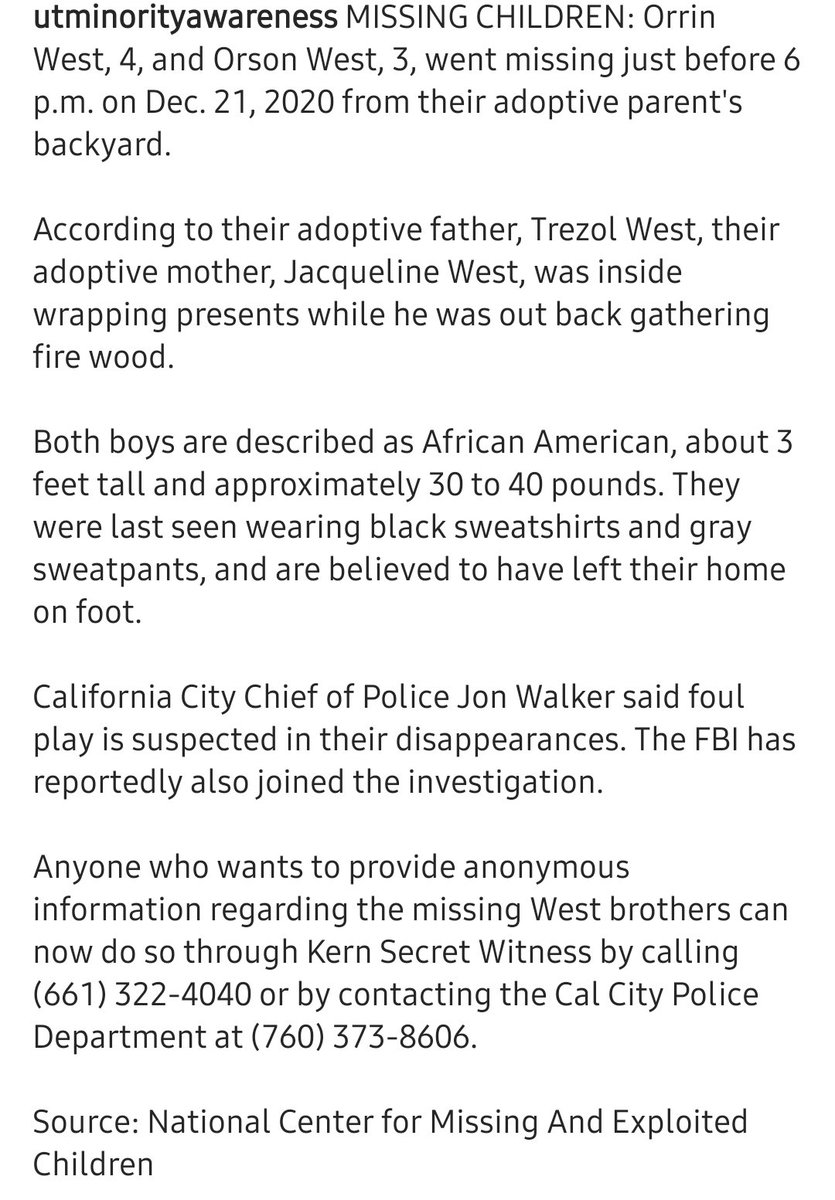 UTMinorityAware's tweet photo. 🚨PLEASE RETWEET! Help us find Orrin West, 4, and Orson West, 3, who went missing just before 6 p.m. on Dec. 21, 2020 from their adoptive parent's backyard 🔍 #MISSING #AMBERAlert #California #CaliforniaCityCA #missingpoc #speakup #BLM #missingchildren #blacklivesmatter https://t.co/wzCqelZtEH
