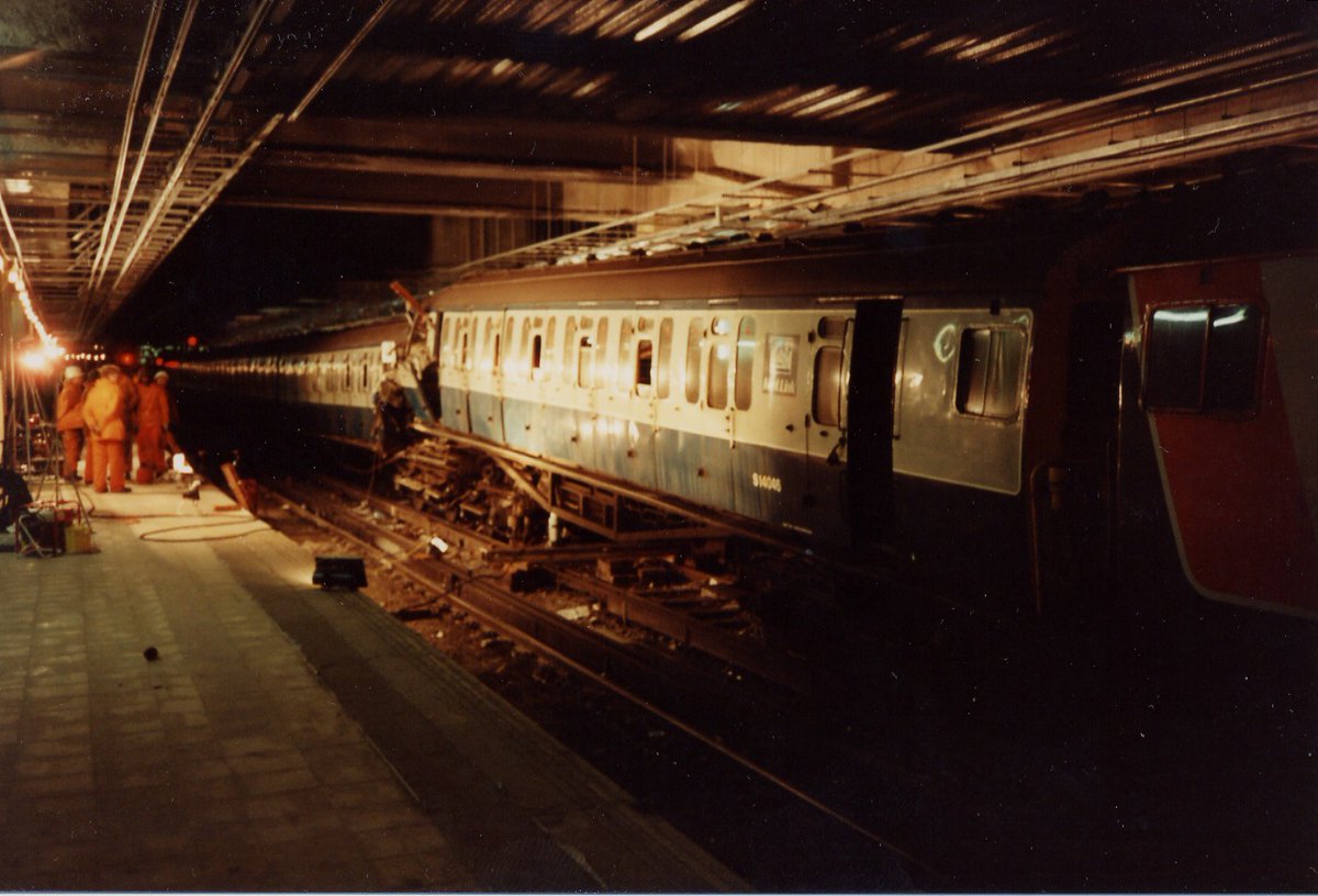 Coaches 5 & 6 of the train (SR design 4EPB, unit 5484) suffered the worst damage – the solebar of coach 6 (15308) had buried itself beneath the solebar of coach 5 (14046), which had pushed back into the saloon of coach 6 like a battering ram.(6/9)