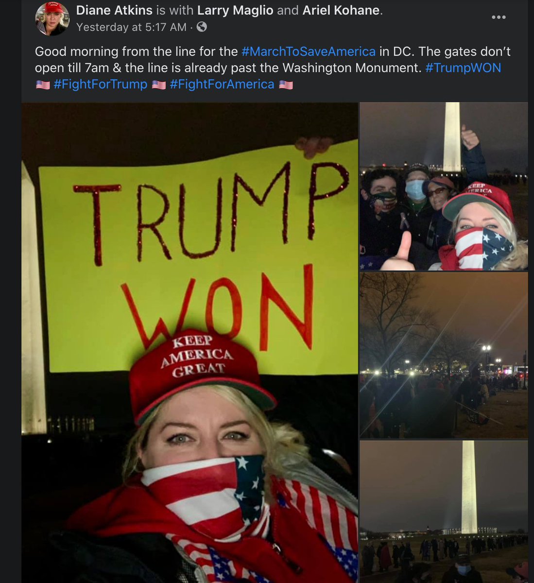 5:00AM: Trump supporters start to gather outside The Ellipse, a park south of the White House fence, for a rally that has been planned for weeks.  https://www.facebook.com/datkins2/posts/10223092996970549 Gates only open at 7am.
