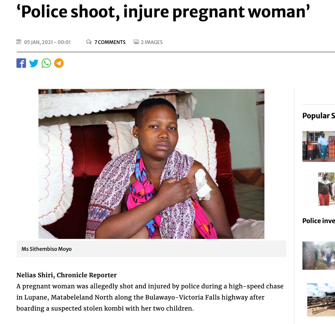In December 2020, police shot and seriously injured a pregnant woman, Sithembiso Moyo, who had boarded a public transport vehicle that was later alleged to have been stolen. The driver and his accomplice fled the scene. Police have not taken responsibility. /15