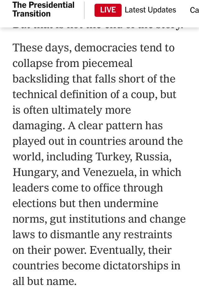 The comparisons to Turkey, Venezuela, Hungary, and Russia, meanwhile, all overlook the key difference that Trump LOST AN ELECTION, the overturning of which was the whole point.He tried and FAILED at the thing the NYT is identifying as the “real” danger.