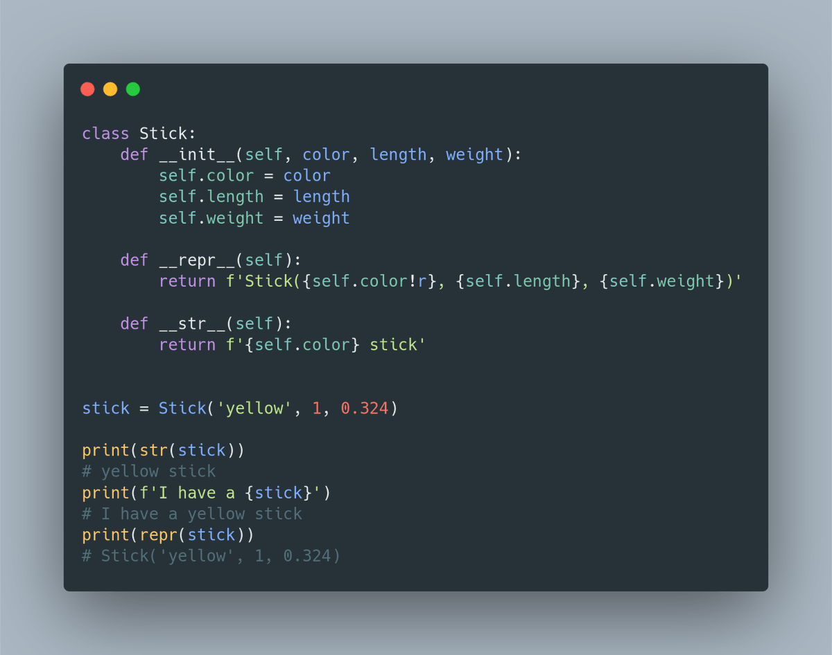 Change objects representation__str__ - this one is used when conversion to string is requested - printable representation__repr__ - official representation, it's great if you can just copy it to your code to create new object with the same values