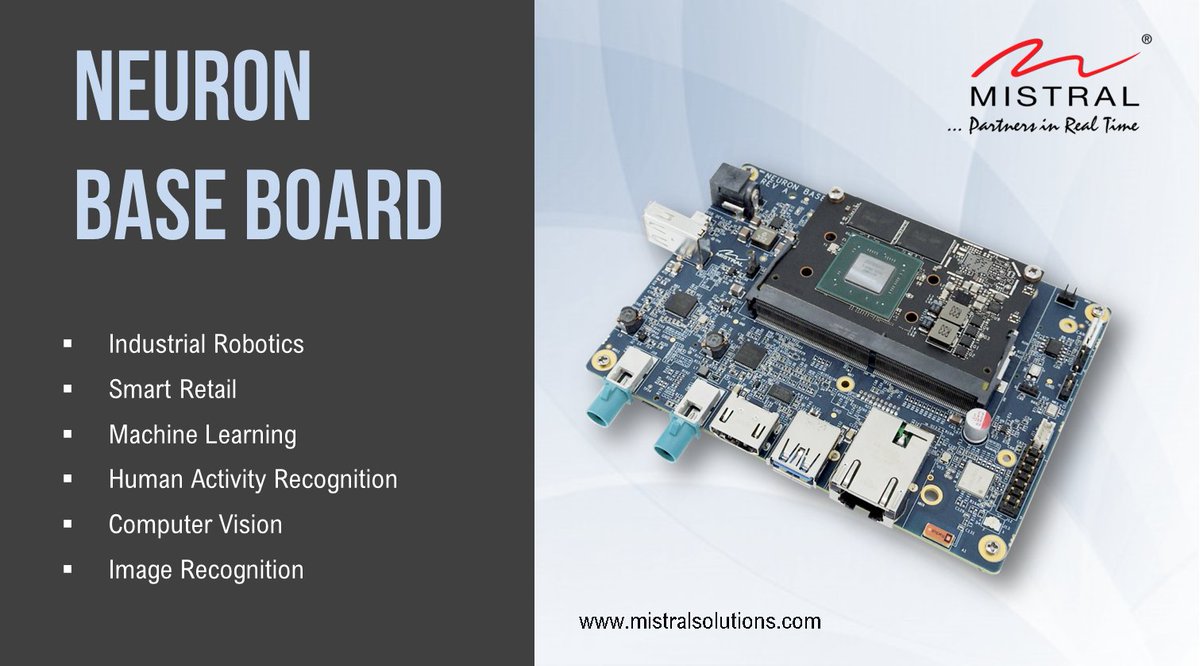 MistralSoln's tweet photo. #NeuronBase, a feature-rich board designed to mate with #NVIDIA’s Jetson Nano and Jetson Xavier NX modules enabling all the features of the SoMs for quick product development & meet the compelling needs of #AI, #DeepLearning & inference on the edge. https://t.co/2uEye9omim https://t.co/e87YJWlSzQ