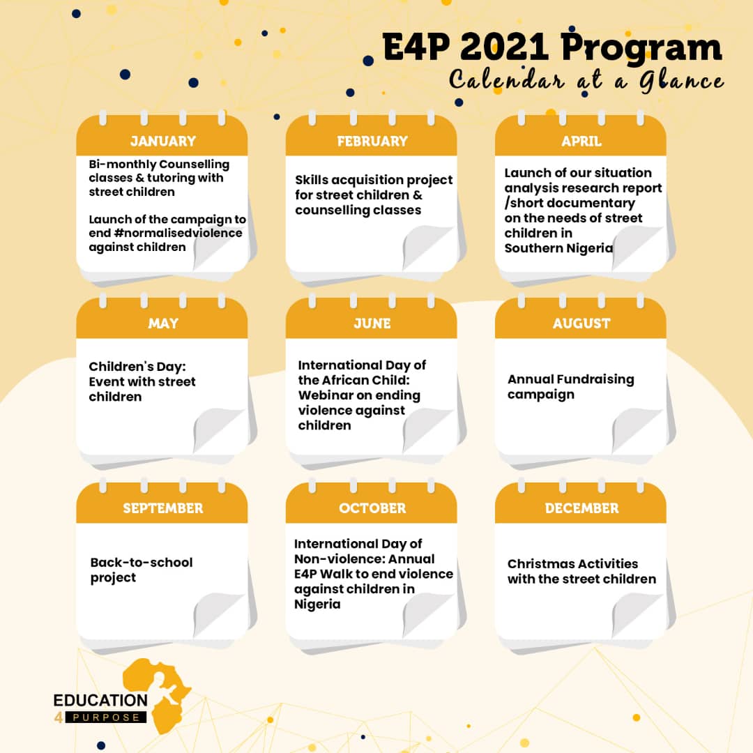 Hello!

#talkThursday!

The flyer shows our proposed 2021 actitives in a glance.
_
We kindly solicit for donors and partners for any month's activity. We are particularly interested in  partnering with media firms/videographers for a documentary on street-connected children,