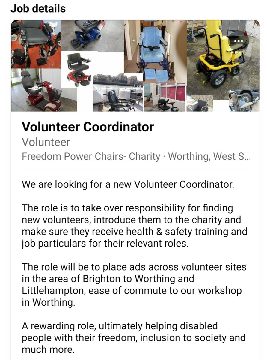 We are an entirely volunteer run charity supporting disabled people in Sussex. Sadly our brilliant Volunteer Coordinator is now moving on, could you be the person to replace him? Great experience and very worthwhile!
facebook.com/37296377349416…