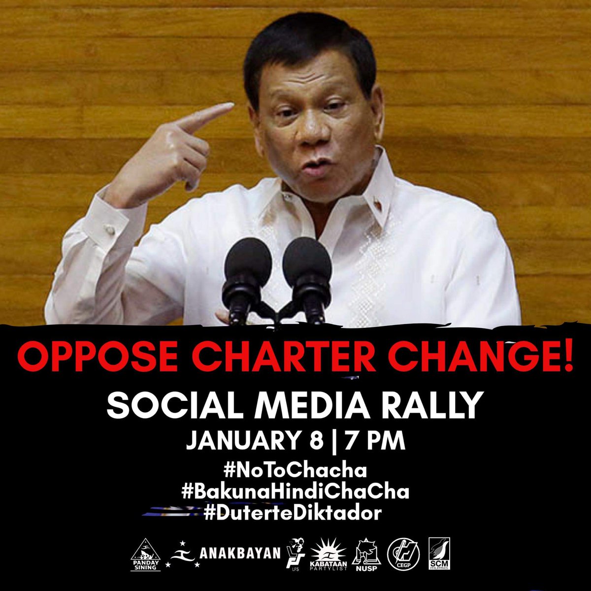 YOUTH, RESIST! OPPOSE CHARTER 

Let us collectively direct our anger in ending Duterte's reign of terror! Oppose Charter Change, stand against Duterte’s tyranny!

Join the Soc Med Rally
Jan 8 || 7pm

#NoToChaCha
#BakunaHindiChaCha
#DuterteDiktador