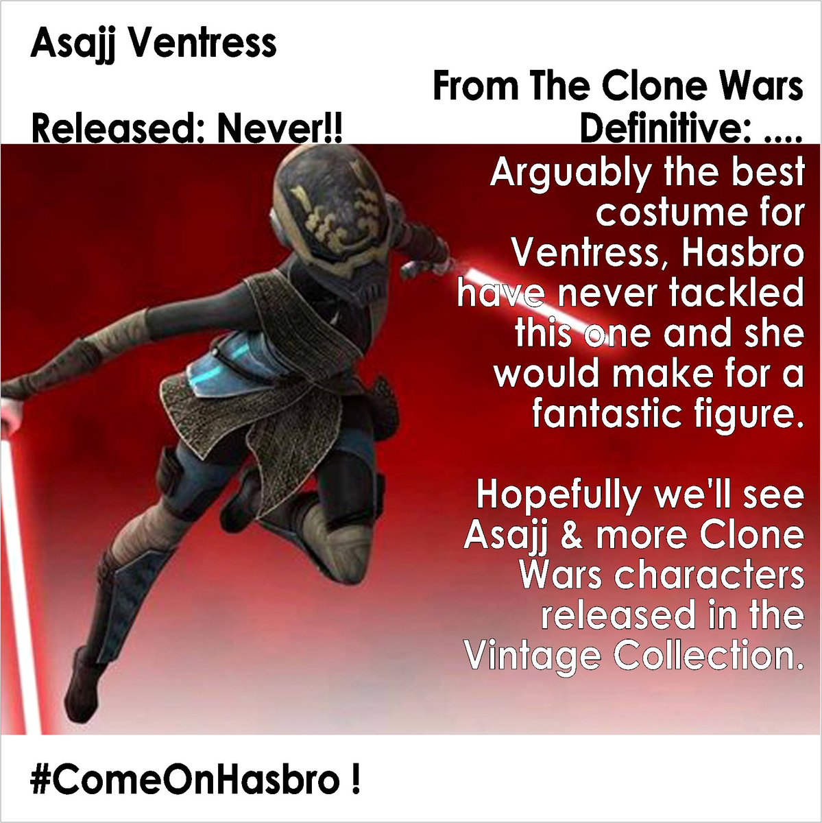 ToysJedi's tweet photo. #ActionFigureOfTheDay #AsajjVentress from #NotMade line. Arguably the best costume for Ventress, @Hasbro have never tackled this one and she would make for a fantastic figure. Hopefully we'll see Asajj & more Clone Wars characters released in the Vintage Collection. #ComeOnHasbro https://t.co/zx7gjQZ3EC