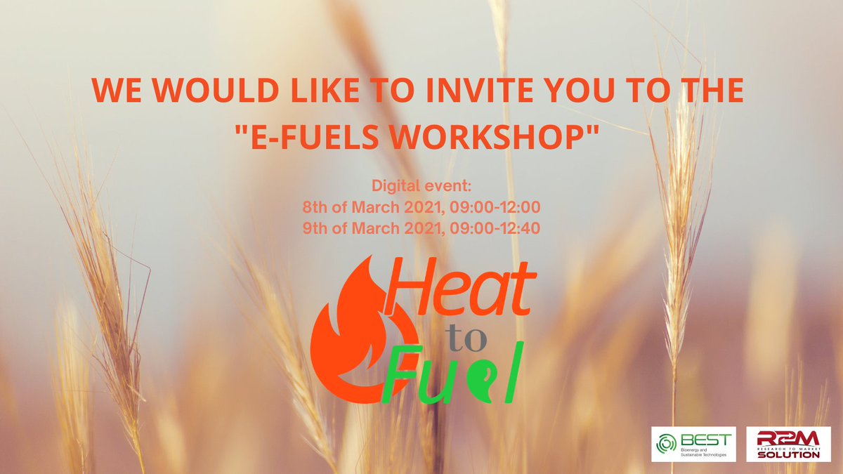 The main goal of the "e-Fuels workshop"  is to give a comprehensive overview on “Advanced #PowertoGas and #PowertoLiquids Technologies" as well as to discuss market opportunities of provided e-fuels ⛽️♻️

✍🏼 Agenda &amp; registration here: heattofuel.eu/efuels-worksho…