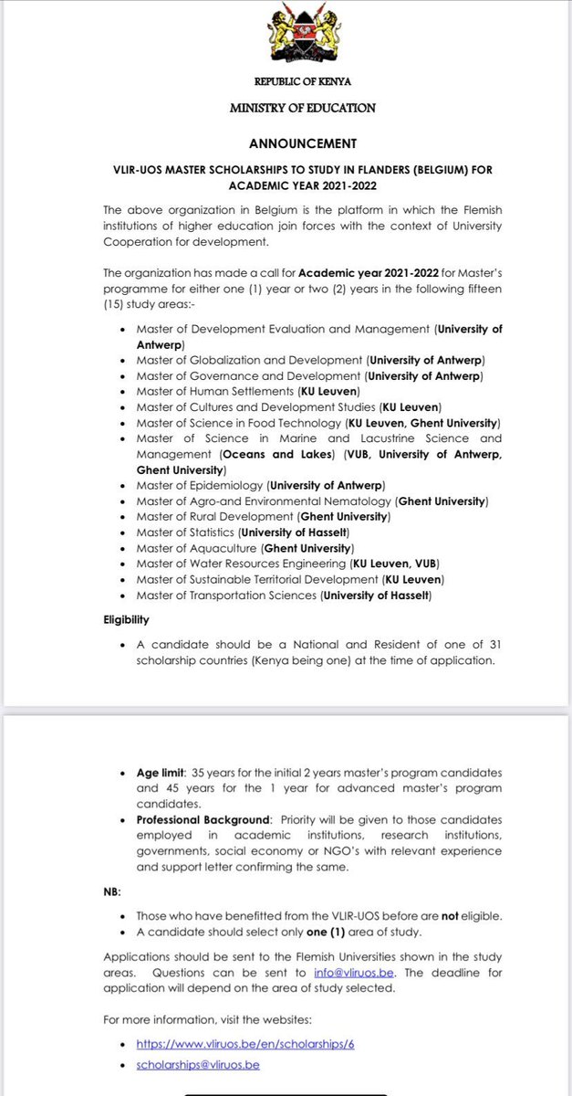 NYC_YouthVoice's tweet photo. #YouthOpportunities from @EduMinKenya through @VLIRUOS, which is calling on Youth to apply for Master’s
programmes for either 1-year/2 years in 15 study areas as highlighted below. 

@MoICTKenya @SDY_Ke @RoySasaka @mucheru @Jkorir_Youth @KYEOP_Kenya @MastercardFdn
@ZACK_KINUTHIA https://t.co/dCNtzUY1WO