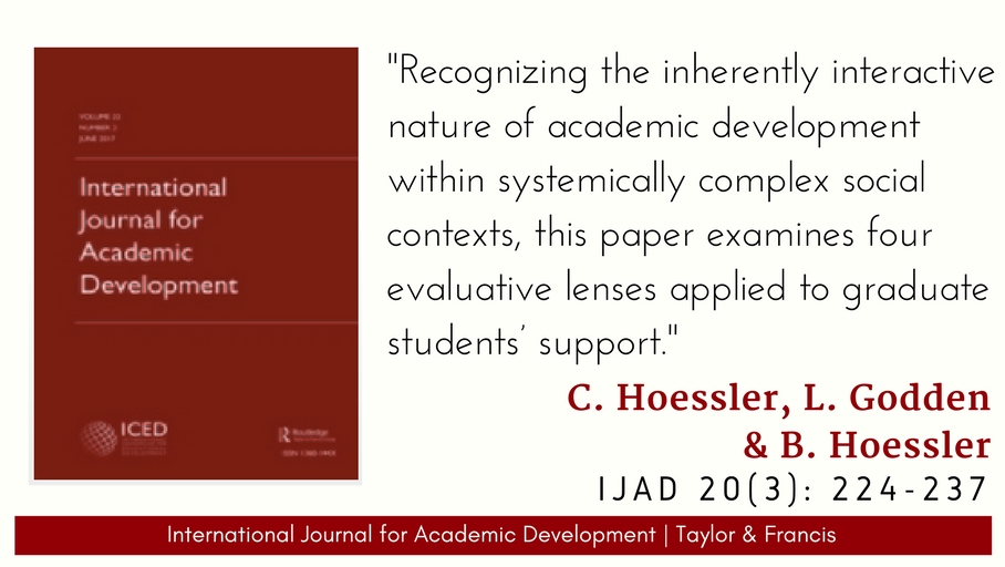 'Widening our evaluative lenses of academic development', by @carolynhoessler, @LorraineGodden1 & @bhoessler - IJAD 20(3), 2015: ed.gr/c4alb