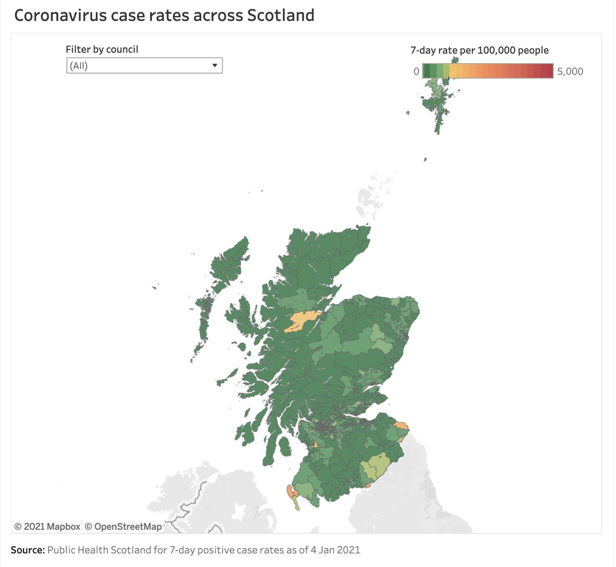 Folks have been asking me for the  #coronavirus case rates for ALL of Scotland. So - seeing as I couldn't sleep and it's my day off(!) - I thought I'd create a quick  @tableau interactive map showing all the 7-day trend data as of 4 Jan: https://public.tableau.com/views/CoronaviruscaseratesacrossScotland/Dashboard1?:language=en&:display_count=y&publish=yes&:origin=viz_share_link