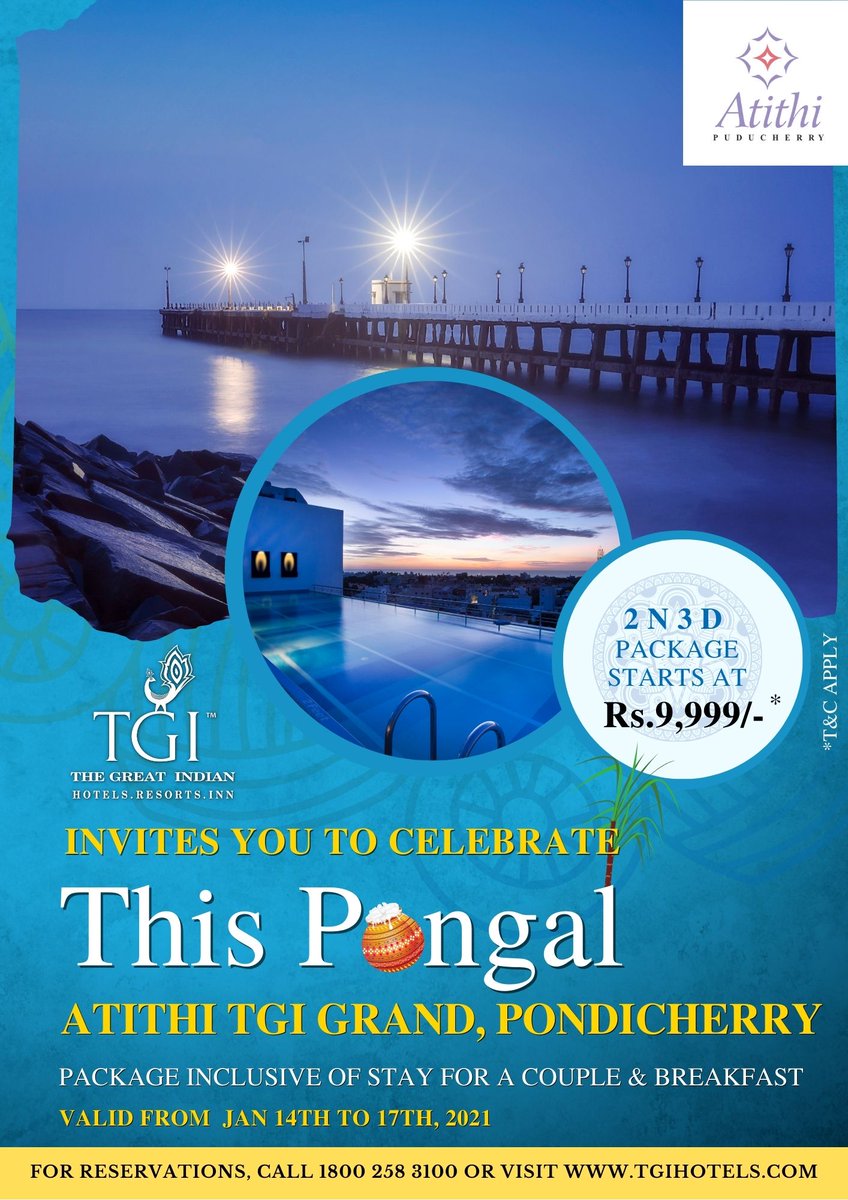 tgi_hotels's tweet photo. #Celebratewithus Welcome warmer and longer days as winter ends and spring begins at #AtithiTGIGrand #Pondicherry with us. For reservations, visit https://t.co/mpBI2cJMCk or call us on 18002583100. Pongala koṇdaada unkaḷai varaveṟkiṟom 🙏
#ExperienceTGI #PongaloPongal https://t.co/XrLW1eHhsJ