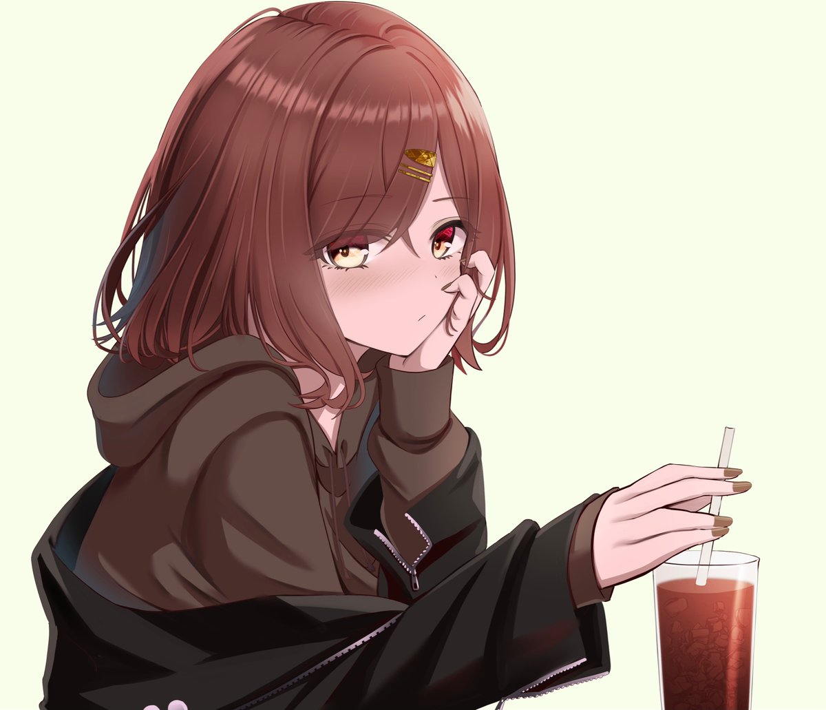 higuchi madoka 1girl solo drinking straw looking at viewer hair ornament brown hair jacket  illustration images