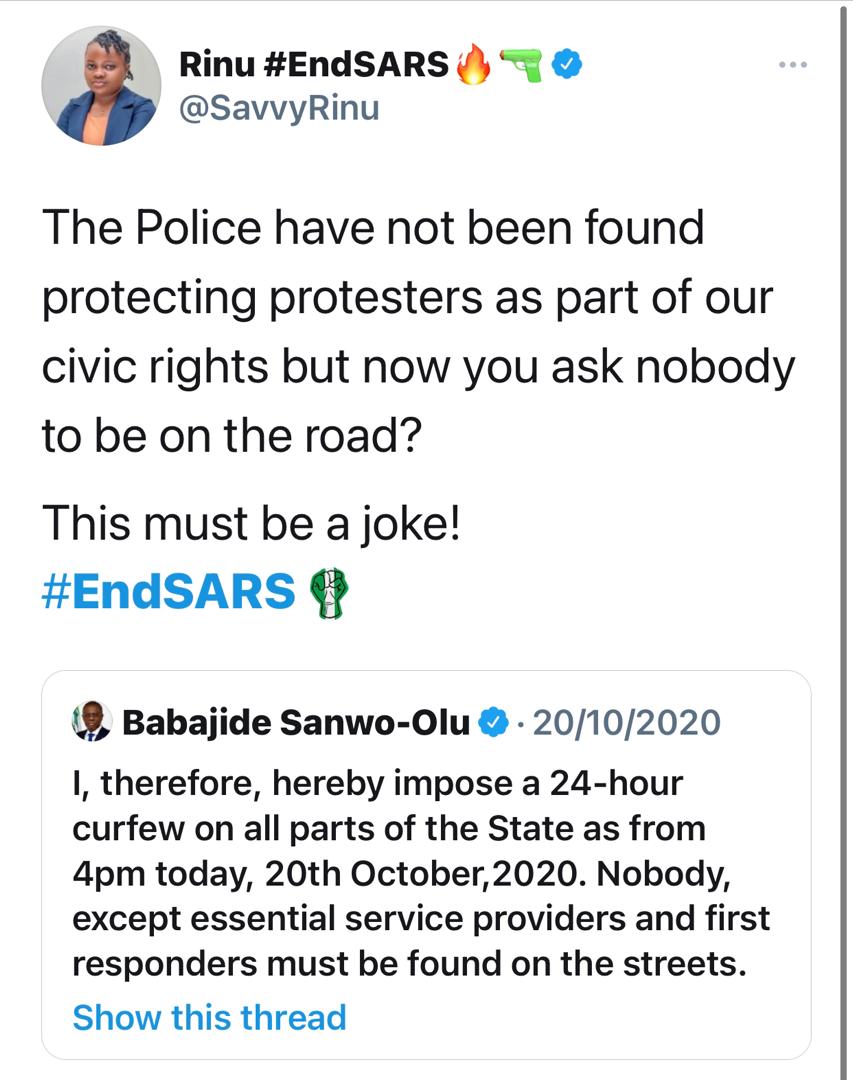 3. Constituted Authority & Politics.Let me end my observation on this.The Governor of Lagos Nigeria declared a curfew at 11:49am AFTER  #LagosRiot had gone violent & Police stations burnt, they said 4hr wasn't enough to MOVE an inch from protest ground. They obeyed USA curfew