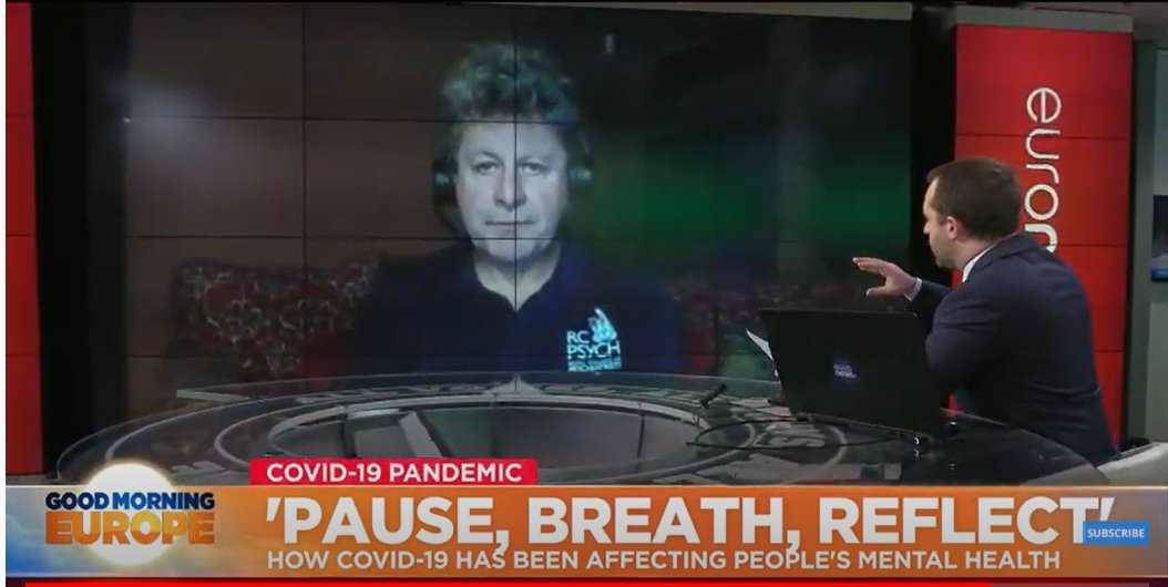 rcpsych's tweet photo. Our president @DrAdrianJames was live on @euronews this morning, discussing the effect of lockdowns and the virus on the continent's mental health. He advised "It's important that everyone of us has a plan to prevent mental illness as much as we can." https://t.co/wj0OJqHCOX