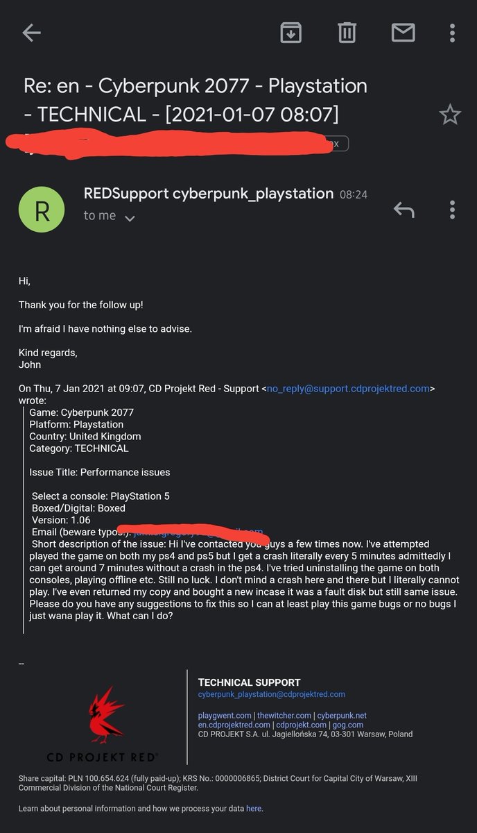 JamieGreg93's tweet photo. @CyberpunkGame What would be nice is of my game would actually run on my ps5 or ps4, I've bought 2 different copies (just to be sure) and it crashes literally every 5 minutes and all I get from you guys is this..... https://t.co/c64CXWMsfm
