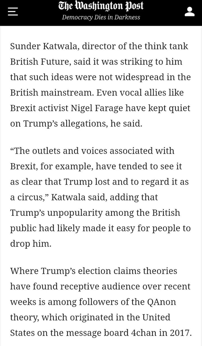 Washington Post on global appeal of Trumpist conspiracies. I note they lack mainstream appeal in the UK, reflecting Trump's unpopularity here. But other experts note the links to the QAnon cult. The paper cites  @MaajidNawaz of  @LBC as among those boosting the conspiracy theories