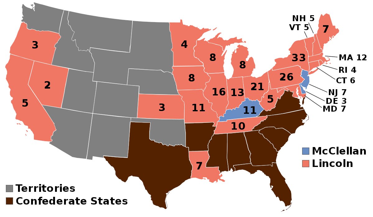 1864 Elections where Abraham Lincoln won. The same North-South divide exists. But, he is a Republican.