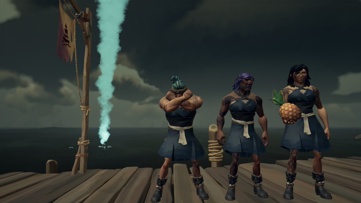 kelllombardi's tweet image. The new figurehead is dope, even when our boat is accidentally on fire🔥 @SeaOfThieves 

Also, we end most sail sessions with a team photo and the boys put dresses on so we can have matching outfits this time 🥰
