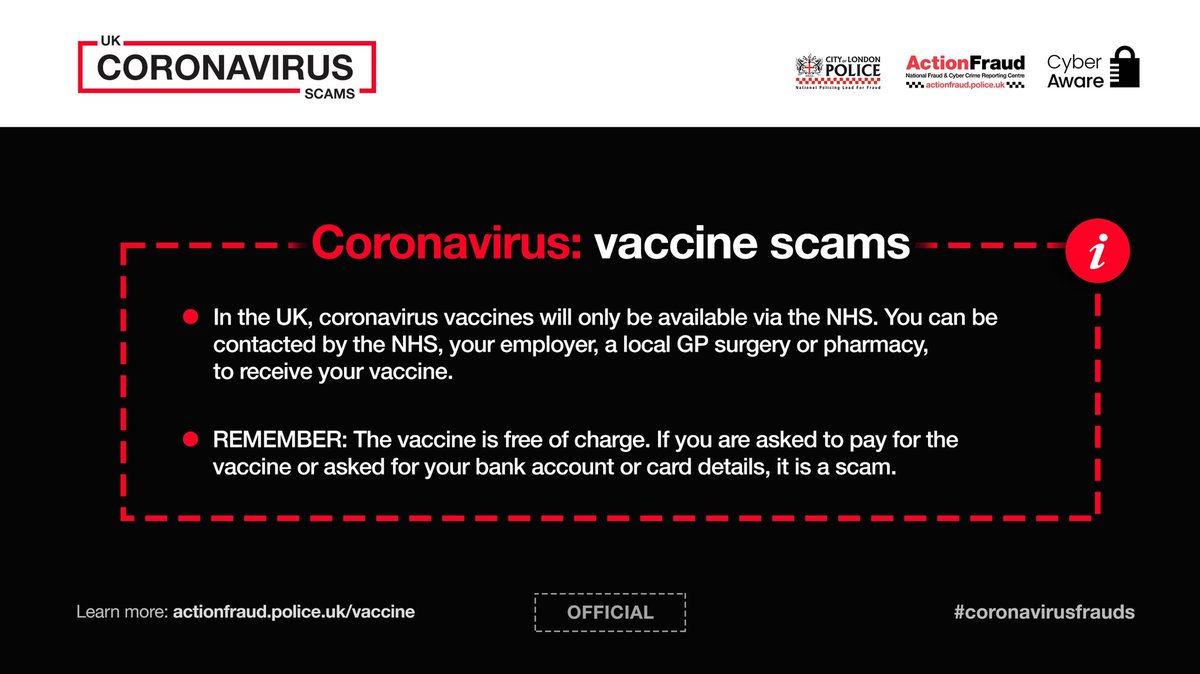 ⚠️In the UK, coronavirus vaccines will only be available via the <a href="/NHSuk/">NHS</a>. You can be contacted by the NHS, your employer, a local GP surgery or pharmacy, to receive your vaccine. Vaccinations are free of charge and you will not be asked to pay. #CoronavirusFrauds