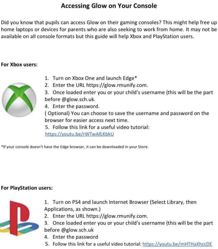 StMauricesHE's tweet image. Glow can be accessed using Xbox and playstations this will allow you to get onto teams and complete work assigned to you! Starting on Monday 11th January. Follow instructions below...