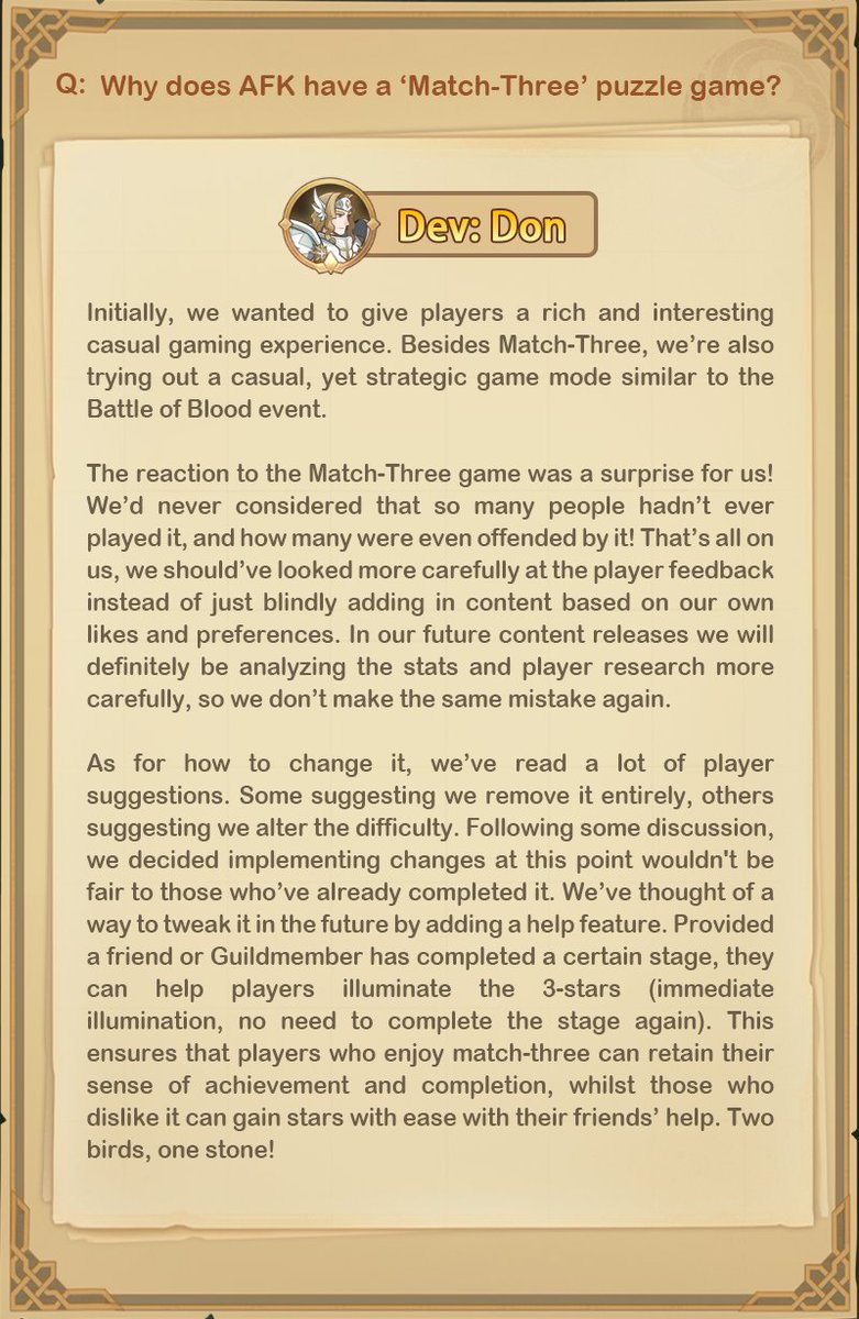 AFK_Arena's tweet photo. The developers are in a sharing mood these days! 😂 Guess the new year does work wonders in this magical land!

Read the latest developer feedback below, and if you find the answers helpful, give this tweet a like! https://t.co/k6koEzCdaY