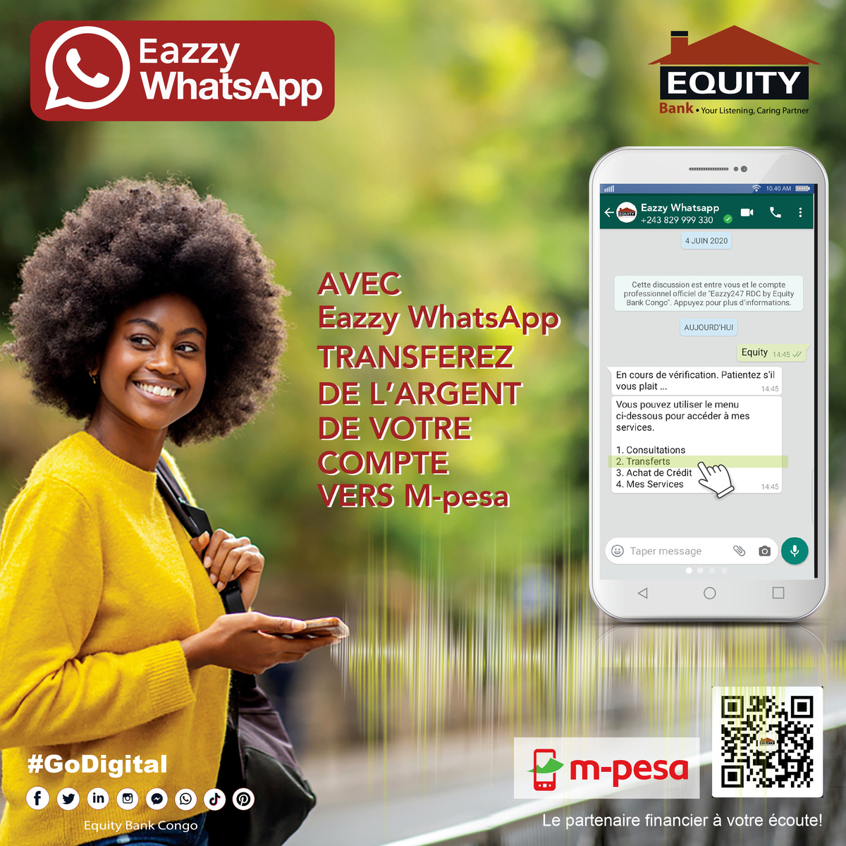 EquityBCDC's tweet photo. Saviez-vous que vous pouvez transférer de l'argent de votre compte #Equity vers un compte #MPesa?
C'est sûr et flexible. Cliquez sur ce lien 👉 https://t.co/0xE00KMmVE isérer le mot 🅴🆀🆄🅸🆃🆈 pour demarrer la discussion! 😍
#Rdc #EBCDC #Banquedigitale #GoDigital #EazzyWhatsApp https://t.co/89kMmL6kIJ