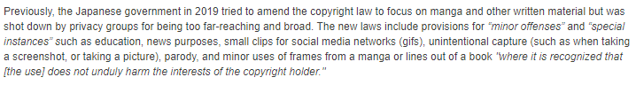 Another good thing to point out from Crunchyroll's article is that this law contains provisions that clearly state they are NOT intending on trampling on toes:
