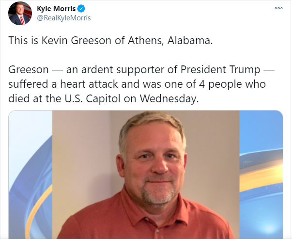 Not all who went to Washington were killed in a public display of hatred against the United States.... some died of broken hearts over those who worship the enemy and appear to be getting away with murder.Rest In Peace Kevin. Praying for your family! https://twitter.com/RealKyleMorris/status/1347484727285047296
