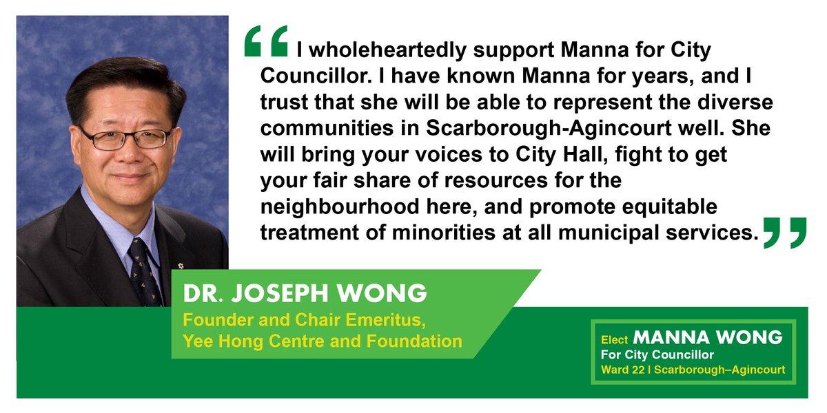 An honour to have the support of Dr. Joseph Wong in the upcoming #Ward22 by-election. Dr Wong’s pioneering leadership in founding the Yee Hong Centre for Geriatric Care has led the way in creating culturally appropriate long-term care and services for seniors. #TOpoli