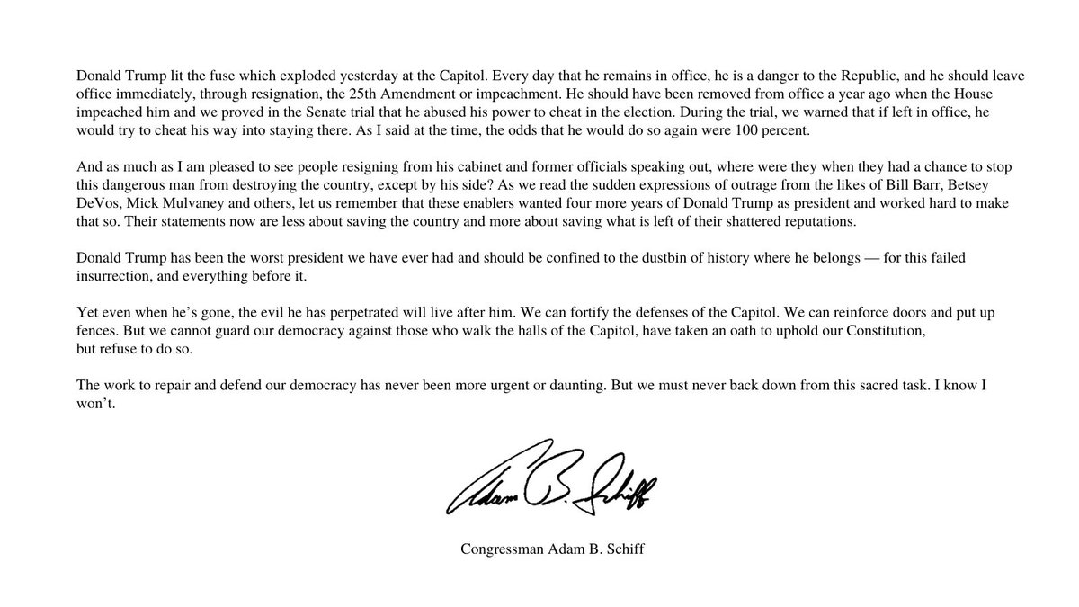 Donald Trump lit the fuse which exploded at the Capitol.

Every day that he remains in office, he is a danger to the Republic.

He should leave office immediately, through resignation, the 25th Amendment or impeachment.

My reflections from Wednesday:

facebook.com/9086721830/pos…
