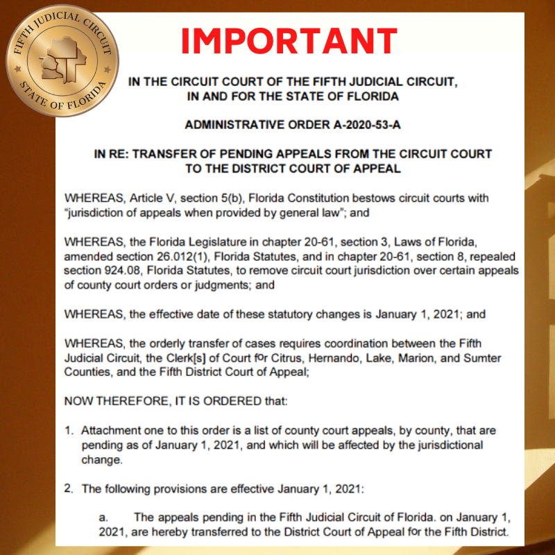 circuit5's tweet photo. Update: 
New Administrative Order A-2020-53-A
Transfer of Pending Appeals from Circuit Court to the District Court of Appeal.
Read the AO, here: https://t.co/F2HPC9l5cL
For more detailed information, visit: https://t.co/RC5j12gxn4
#administrativeorder #courtoperations #FLCourts https://t.co/1HwEfAWjq4